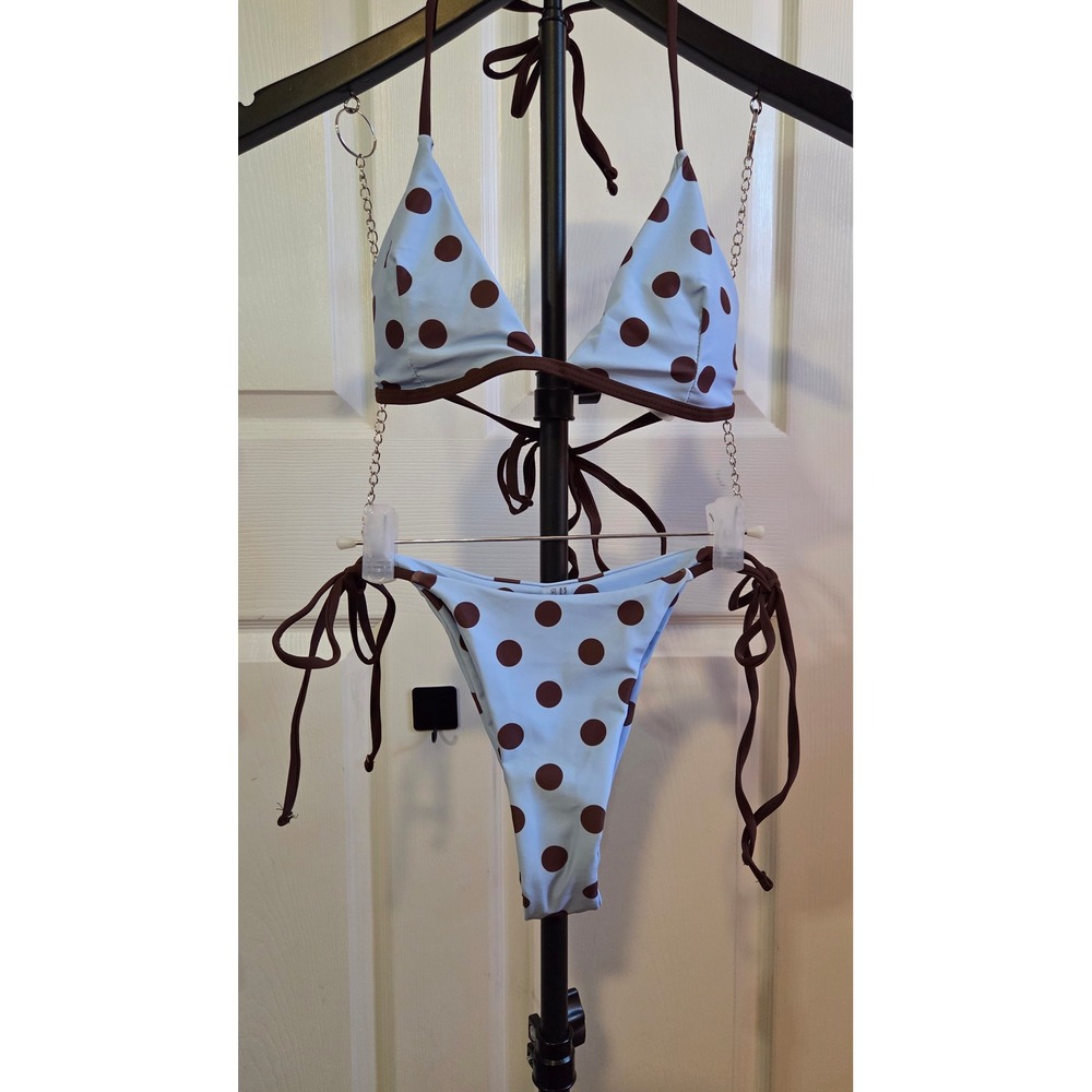 Light Blue and Brown Polka Dot Triangle Bikini Set High Cut Side Tie Small